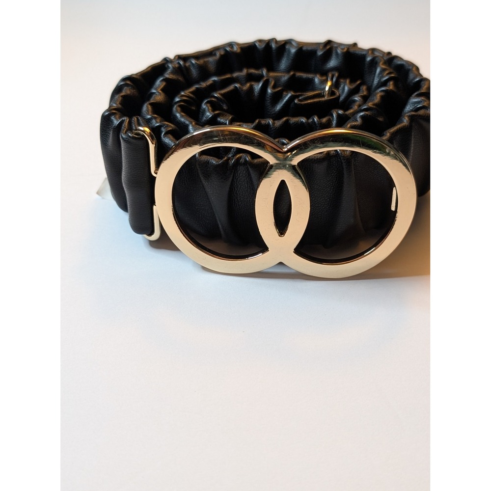 Black Ruched Elastic Waist Belt Gold Interlocking Circle Buckle Retro Minimalist